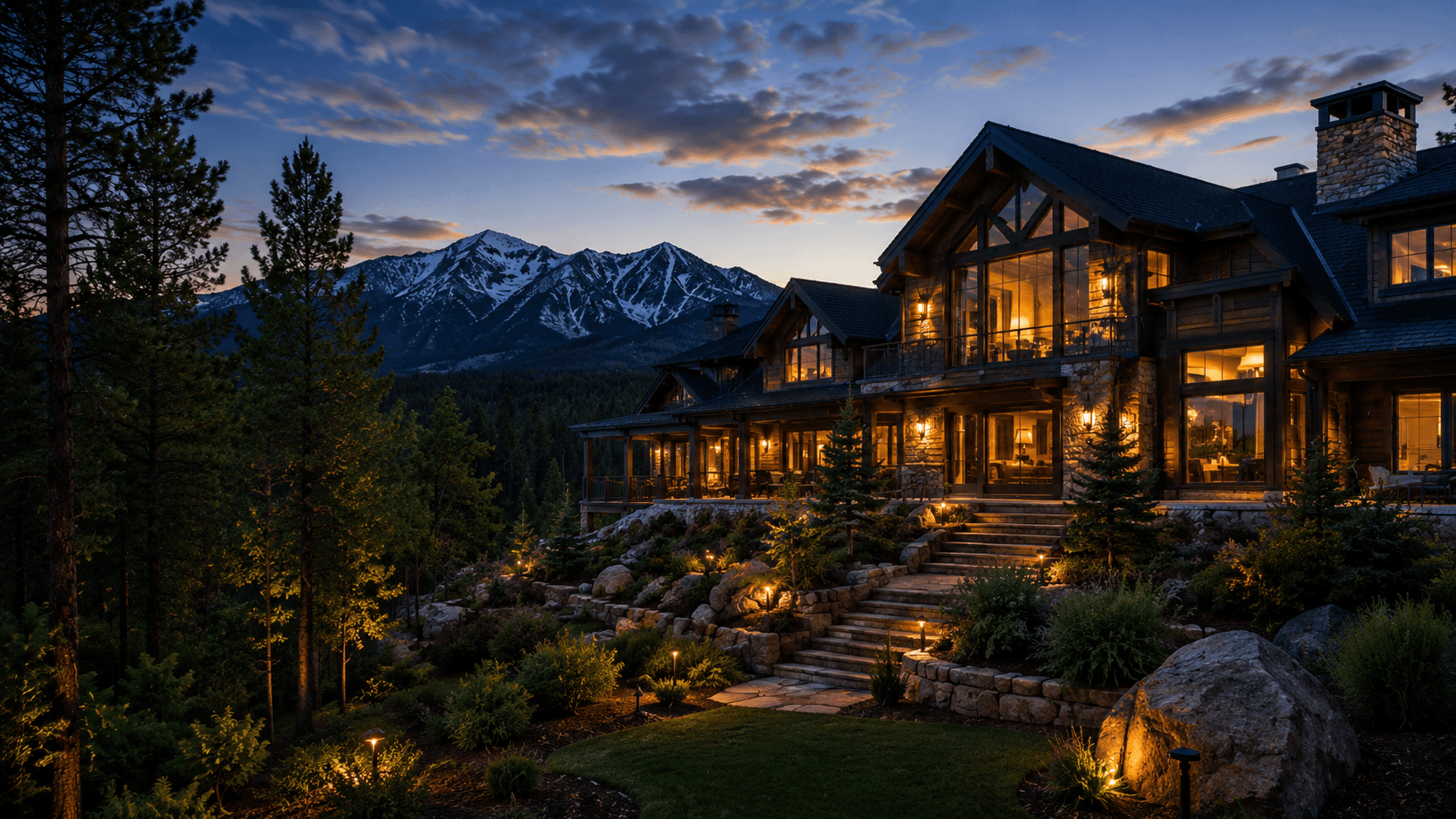 Luxury Northern Arizona mountain home at dusk